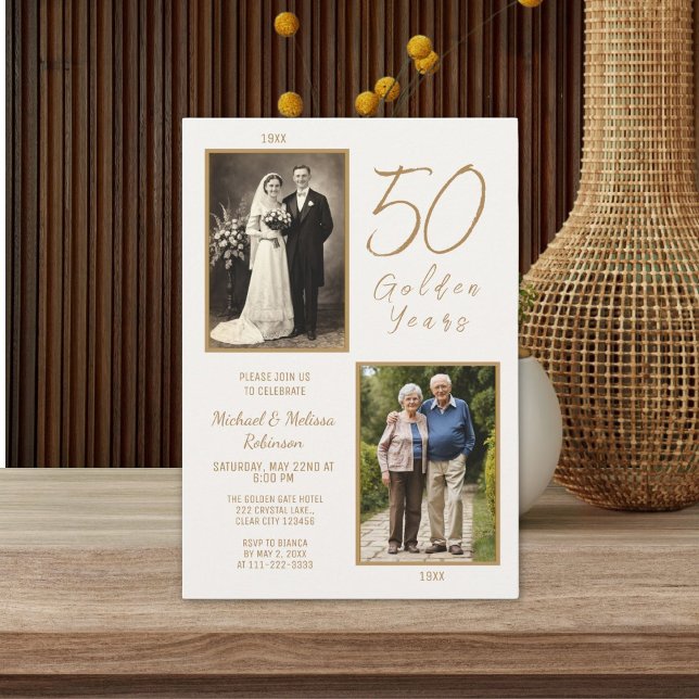 Elegant Ivory & Gold 50th Wedding Anniversary Invitation (Elegant 50th anniversary invitation displayed in a warm, timeless tabletop setting.)