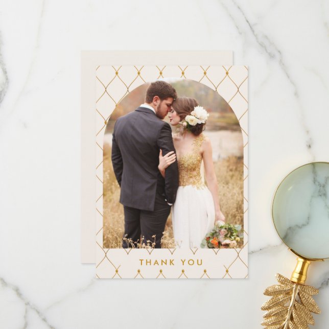Elegant Ivory Gold Arch Photo Wedding Thank You Card (Front/Back In Situ)