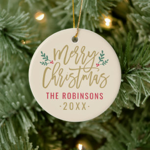 Elegant Ivory Gold Script Merry Christmas Photo Ceramic Ornament