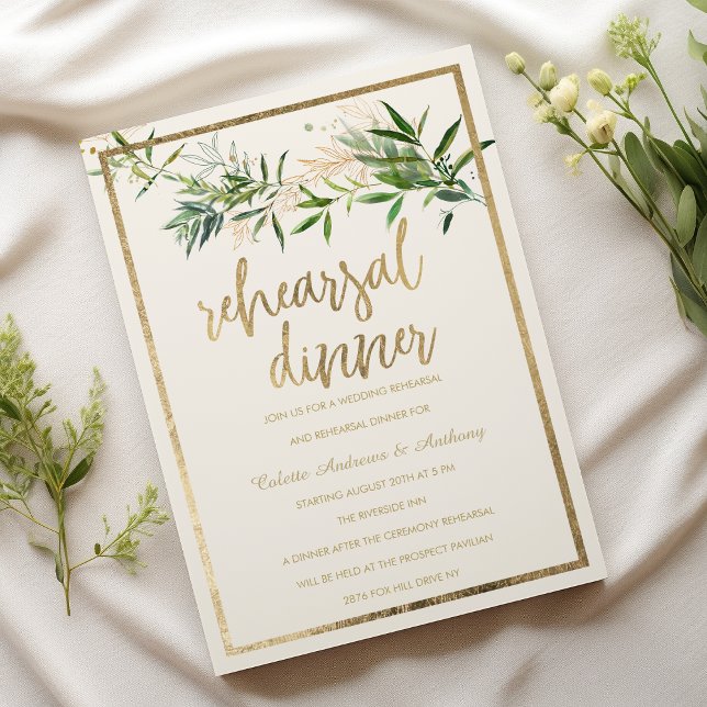 Elegant ivory green gold foliage Rehearsal Dinner Invitation (Elegant ivory green gold foliage Rehearsal Dinner)