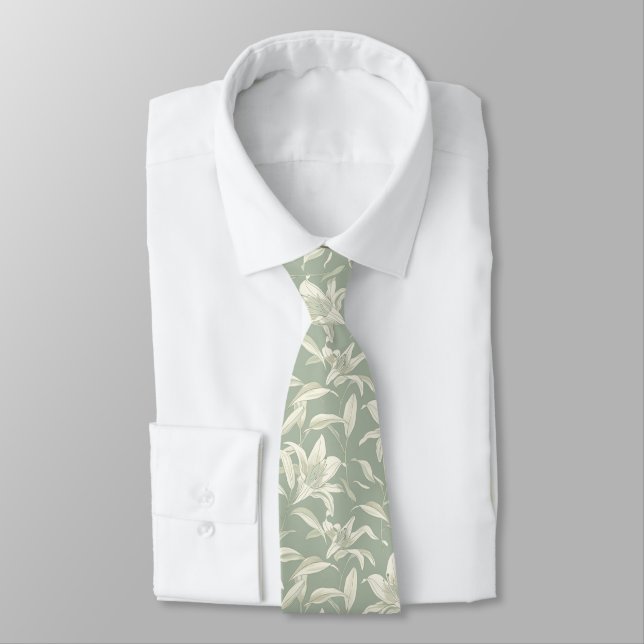 Elegant Ivory Lily on Sage Green Floral Pattern Tie (Tied)