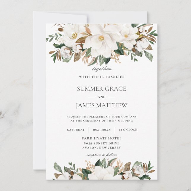 Elegant Ivory Magnolia Floral Greenery Wedding Invitation (Front)