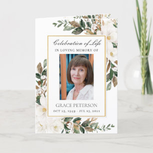 Elegant Ivory Magnolia Floral Leafy Photo Funeral Program