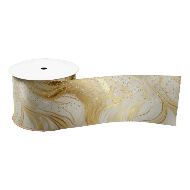 Elegant Ivory Marble and Gold Glitter Satin Ribbon (Spool)