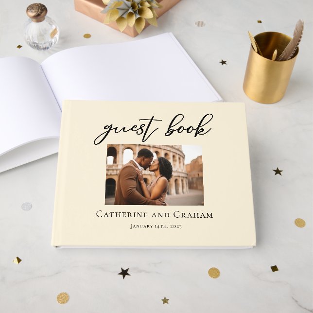 Elegant Ivory Minimalist Couple Photo Wedding Guest Book (Front Open)