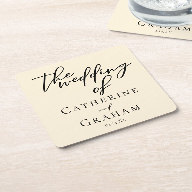 Elegant Ivory Minimalist Wedding Personalized Square Paper Coaster (Angled)