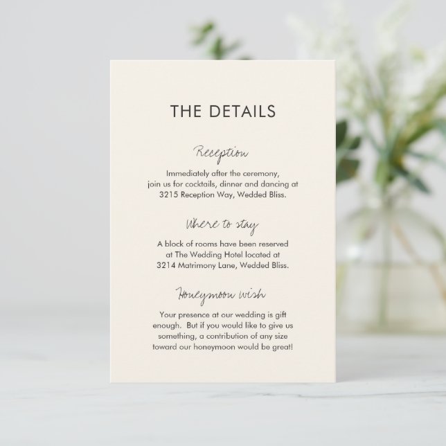 Elegant Ivory Modern Wedding Enclosure Card (Standing Front)