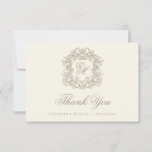 Elegant Ivory Monogram Crest Vintage Wedding  Thank You Card