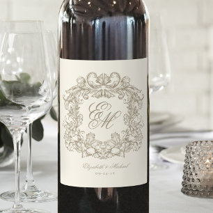 Elegant Ivory Monogram Crest Vintage Wedding Wine Label