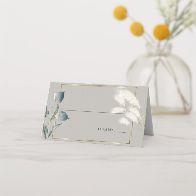 Elegant Ivory Pampas Grass Teal Anthurium Place Card (Front)