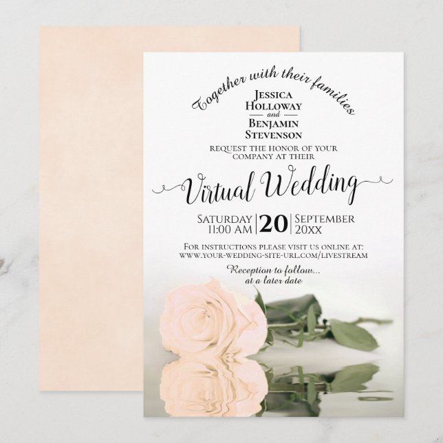 Elegant Ivory Peach Romantic Rose Virtual Wedding Invitation (Front/Back)