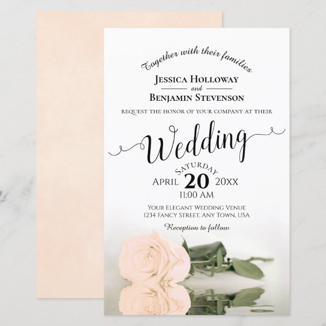 Elegant Ivory Peach Rose BUDGET Wedding Invitation (Front/Back)