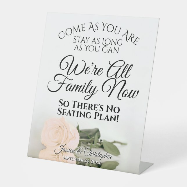 Elegant Ivory Peach Rose Open Seating Wedding Pedestal Sign (Front)