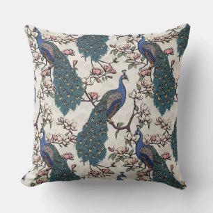 Elegant Ivory Peacocks, Magnolia Flowers, Branches Throw Pillow