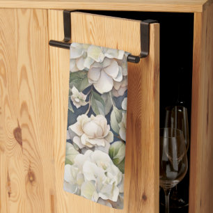 Elegant ivory pink green navy watercolor floral kitchen towel