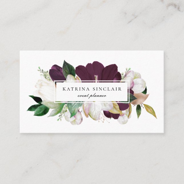 Elegant Ivory Plum Purple Floral Business Card (Front)