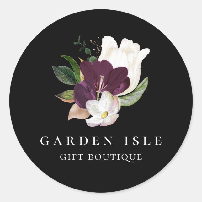 Elegant Ivory Purple Floral Bouquet Black Classic Round Sticker (Front)