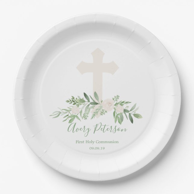 Elegant Ivory Rose Cross First Holy Communion Paper Plate (Front)
