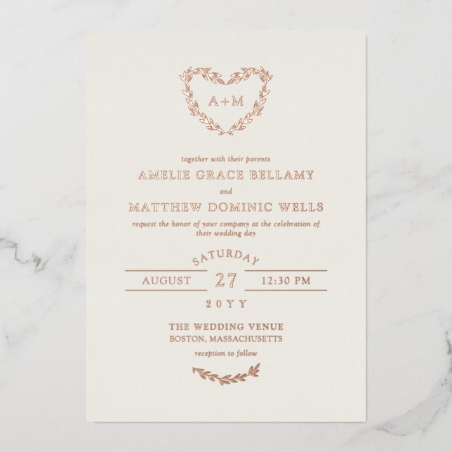 Elegant Ivory & Rose Gold Heart Wreath Wedding (Front)