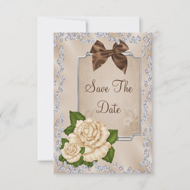 Elegant Ivory Roses & Bows 60th Save The Date (Front)