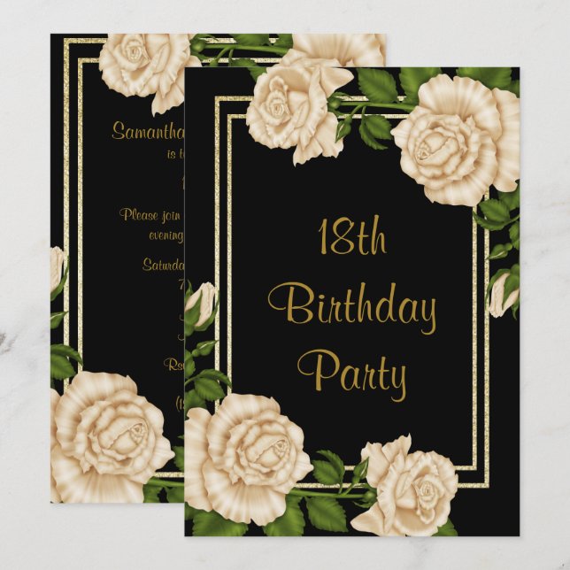 Elegant Ivory Roses & Gold Glitter 18th Birthday Invitation (Front/Back)