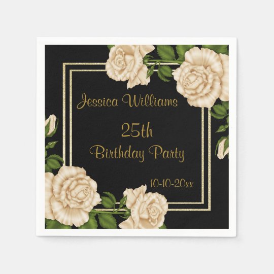 Elegant Ivory Roses & Gold Glitter 25th Birthday Disposable Napkin