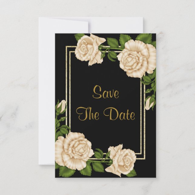 Elegant Ivory Roses & Gold Glitter Save The Date (Front)