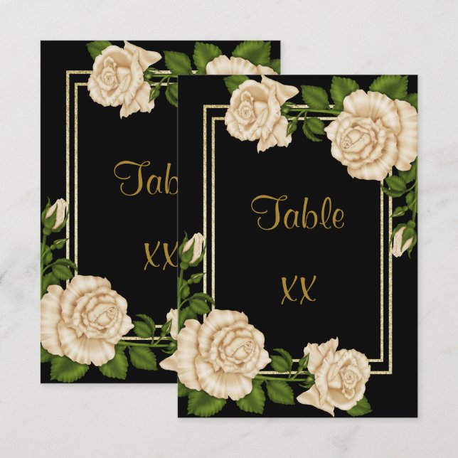 Elegant Ivory Roses & Gold Glitter Table Number (Front/Back)