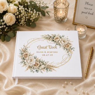 Elegant Ivory Roses Pearls Eucalyptus Wedding | Guest Book