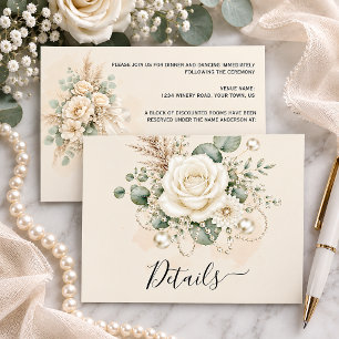 Elegant Ivory Roses Pearls Eucalytus Pampas Grass  Enclosure Card
