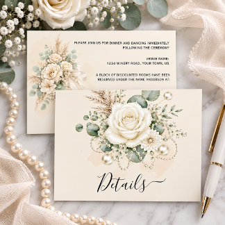 Elegant Ivory Roses Pearls Eucalytus Pampas Grass Enclosure Card