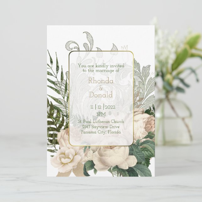 Elegant Ivory Roses Wedding Invitation (Standing Front)