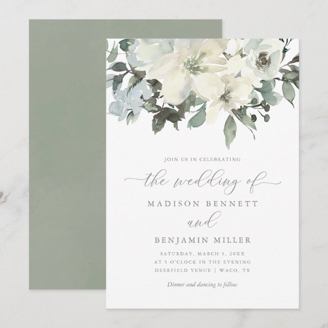 Elegant Ivory Sage Floral Greenery Wedding Invitation (Front/Back)