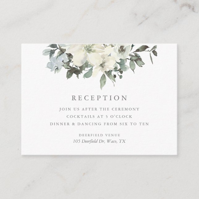 Elegant Ivory Sage Floral Wedding Reception Enclosure Card (Front)