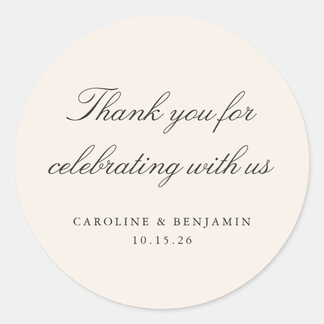 Elegant Ivory Script Wedding Custom Thank You Classic Round Sticker (Front)