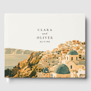 Elegant Ivory Teal Santorini Caldera Sea Wedding Guest Book