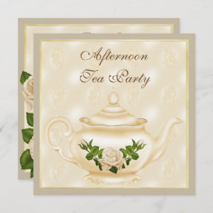 Elegant Ivory Teapot & Roses Afternoon Tea Invitation