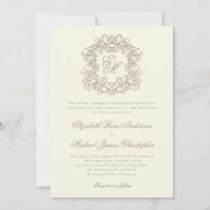 Elegant Ivory Vintage Crest Monogram Wedding Invitation