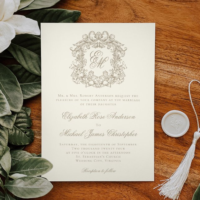 Elegant Ivory Vintage Crest Monogram Wedding Invitation (Creator Uploaded)