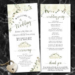 Elegant Ivory White Boho Watercolor Floral Wedding Program<br><div class="desc">This beautiful wedding program features an elegant floral boho chic design with hand painted roses and blossoms in shades of ivory, white, and cream, surrounded by delicate sprigs of eucalyptus leaves and garden greenery. The titles are written in fancy olive or sage green script calligraphy, and there is space for...</div>