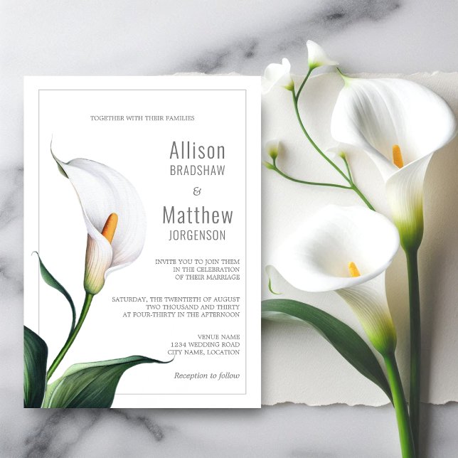 Elegant Ivory White Calla Lily Wedding Invitation (Elegant white ivory calla lily wedding invitation front view.)
