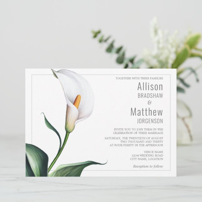 Elegant Ivory White Calla Lily Wedding Invitation (Standing Front)