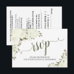 Elegant Ivory White Floral Calligraphy Wedding RSVP Card<br><div class="desc">These beautiful RSVP cards will make it easy for your guests to respond to your wedding invitation. They feature an elegant boho chic floral design with lacy script calligraphy and hand painted watercolor roses & blossoms in shades of ivory, white, and cream. The back of the card is a form...</div>