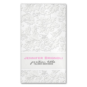 Elegant Ivory White Floral Damasks Embossed Effect Magnetic Business Card