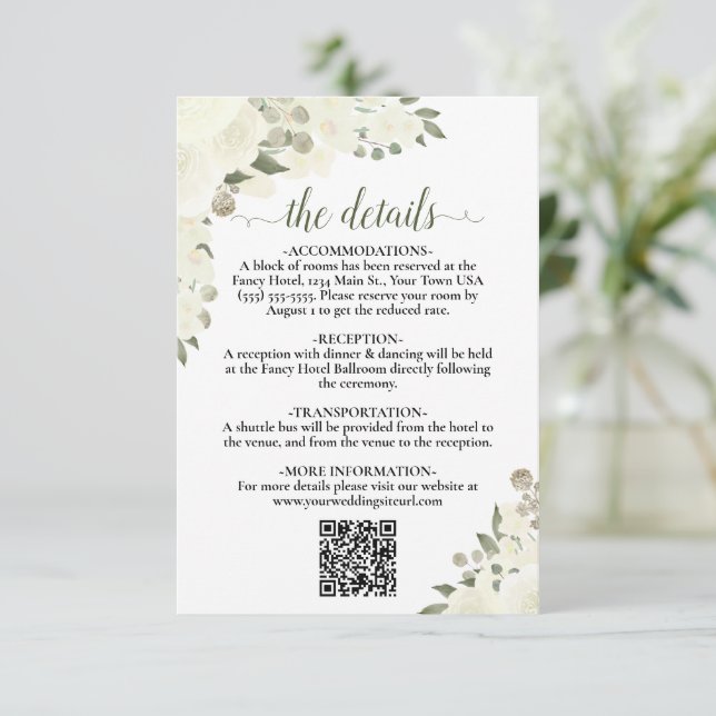 Elegant Ivory White Floral Wedding Details QR Code Enclosure Card (Standing Front)