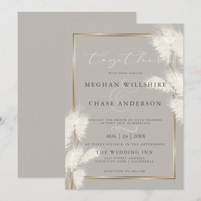 Elegant Ivory White Pampas Grass Invitation (Front/Back)