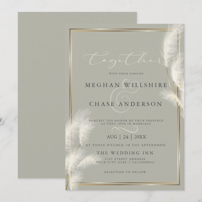 Elegant Ivory White Pampas Grass Pale Sage  Invitation (Front/Back)