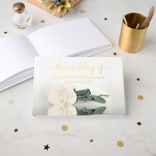 Elegant Ivory White Rose Small Wedding Guest Book (Front Open)