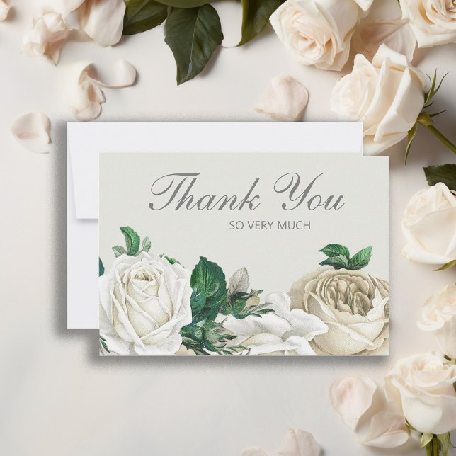 Elegant Ivory White Roses Wedding Thank You Card (Elegant white floral wedding Thank You card.)