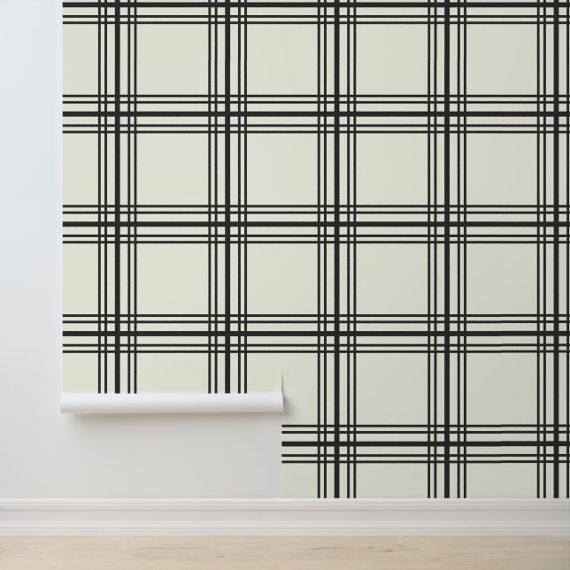 Elegant Ivory White with Charcoal Black Grid Lines Wallpaper (Application)